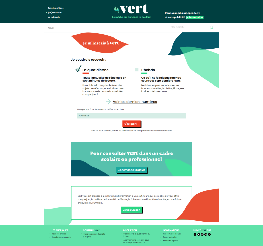 Page d'inscription newsletter La quotidienne par Vert