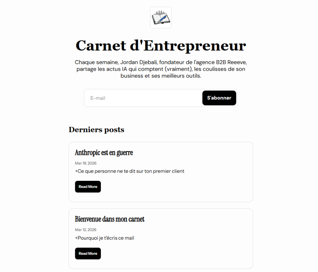 Page d'inscription de la newsletter Carnet d'Entrepreneur