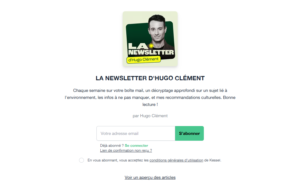 Page d'inscription de La Newsletter d'Hugo Clément